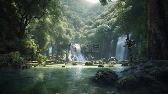 雄伟瀑布的 3d 渲染，周围环绕着茂密的森林风光