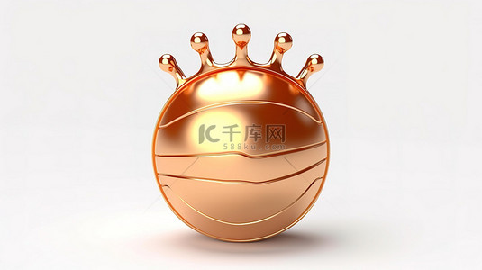 白色背景上带有金色王冠的橙色篮球球的 3D 渲染