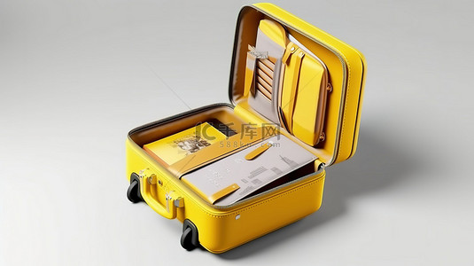 旅行必需品背景图片_3D 渲染一个黄色手提箱，里面装满了旅行必需品，包括钱包机票日历护照和相机