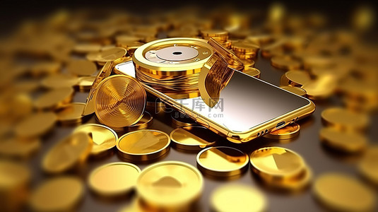 带有周围金币的金色智能手机的 3D 渲染