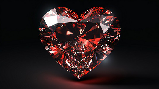 黑色背景分离红色心形钻石的 3d 渲染
