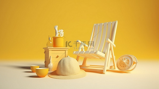 暑假的简约 3D 渲染，配有沙滩椅和季节元素