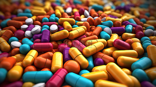 色彩鲜艳的各种胶囊 3D 渲染的药丸图像