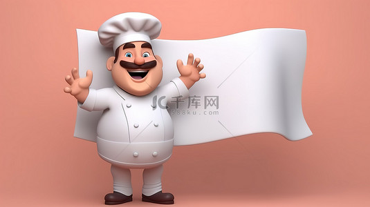 手绘秋天植物背景图片_卡通风格的厨师在 3D 插图中举着横幅