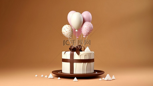 巧克力蛋糕的 3D 插图，带有白色糖霜和棕色背景的节日气球，祝您圣诞快乐