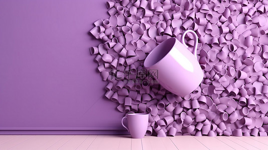 3D 渲染墙上的紫罗兰色杯子阵列