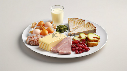 白色盘子的 3D 插图，其中脂肪碳水化合物和蛋白质均衡混合，以获得最佳营养