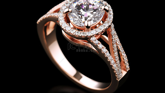 钻戒玫瑰背景图片_分体戒圈玫瑰金光环订婚戒指的 3D 渲染，配有椭圆形主石和侧钻