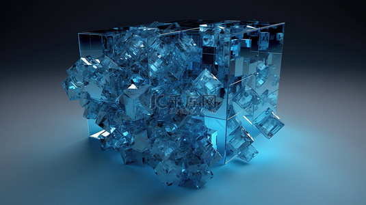 抽象蓝色晶体立方体立方结构的 3D 渲染可视化