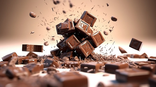 人们吃食物背景图片_巧克力块层叠到巧克力塔上的 3D 插图