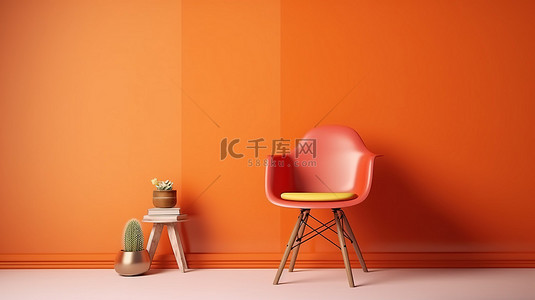 橙色样机背景图片_橙色工作室中的复古扶手椅，别致的工作空间布局的 3D 渲染