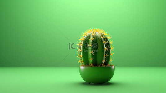 植物多肉背景背景图片_充满活力的绿色背景上仙人掌的 3D 渲染