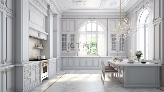 优雅的古典厨房配有高端电器和 3D 渲染的宽敞白色窗户