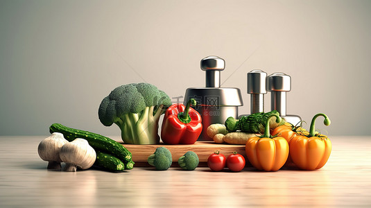 平衡健康和健身新鲜蔬菜和哑铃的概念 3D 插图，带有文本空间