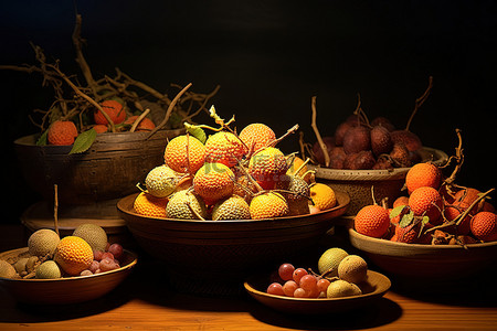 桂味荔枝背景图片_各种水果坐在木碗里