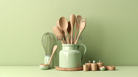 美食烘焙背景图片_柔和的绿色背景厨房用具非常适合烘焙和烹饪 3D 渲染