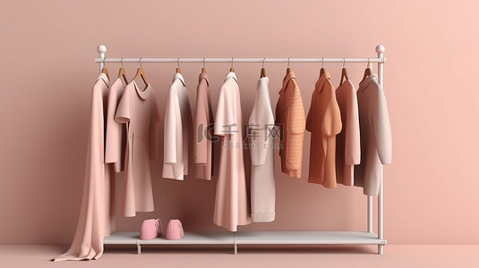 摄影粉色背景图片_陈列架上各种粉色和米色服装 3D 渲染，适用于零售和摄影工作室
