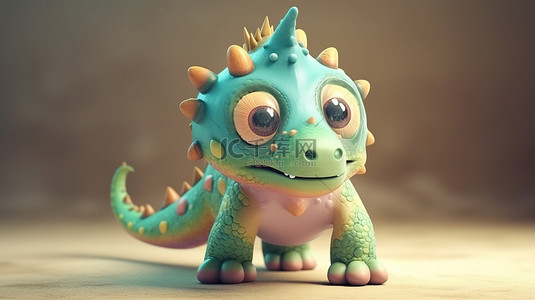 卡哇伊恐龙卡通人物的可爱 3D 渲染