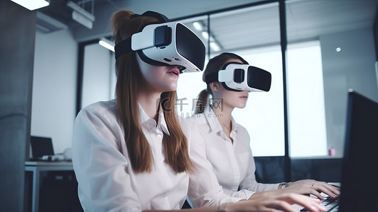 职场女性佩戴 VR 护目镜享受虚拟现实体验