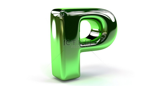 白色背景 3D 字体中的小写 p，带有闪亮的绿色镀铬饰面