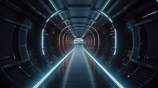 科幻空间站 3d 渲染中的未来派走廊