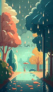 树雨滴下雨的马路卡通可爱背景