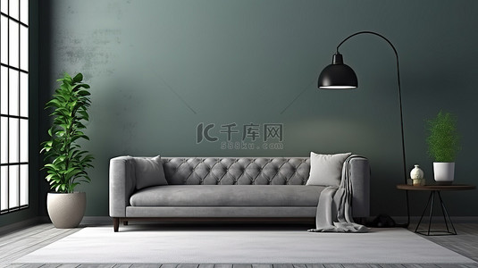 现代客厅配有时尚的灰色沙发，搭配简约的灰色墙壁 3D 渲染