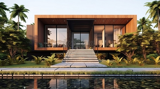 当代热带房屋设计概念从正面角度 3D 插图