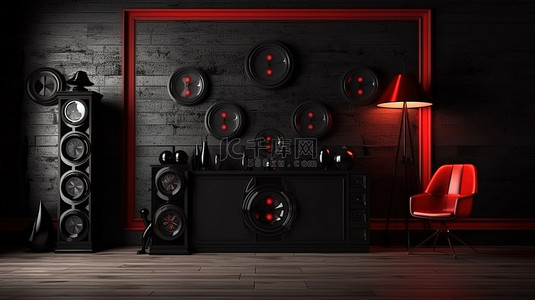 现代黑色和红色扬声器系统装饰现代设计的黑色内饰与复古时钟 3D 插图