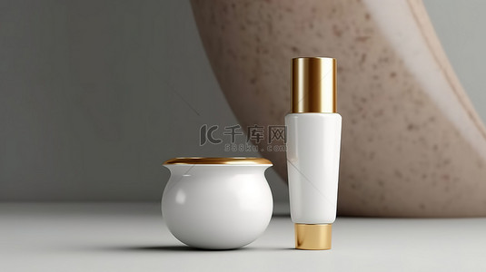 水帽背景图片_化妆品霜 3D 插图白管和金帽样机模板