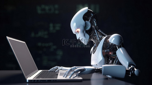 未来智能科技蓝色背景图片_机器人与 ai 大脑从事计算机笔记本工作 3d 渲染