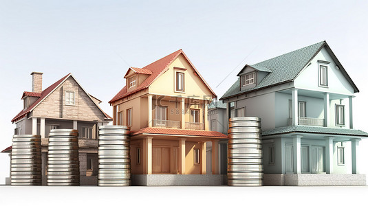 房子在一堆硬币上，描绘 3D 房地产投资或住房贷款概念