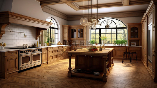 传统厨房背景图片_3D 渲染中橡木纹理的温暖增强了传统的厨房设计