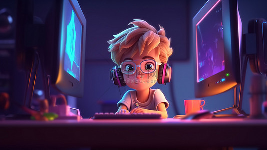 一位年轻玩家在带有复制空间的计算机上玩视频游戏的卡通插图