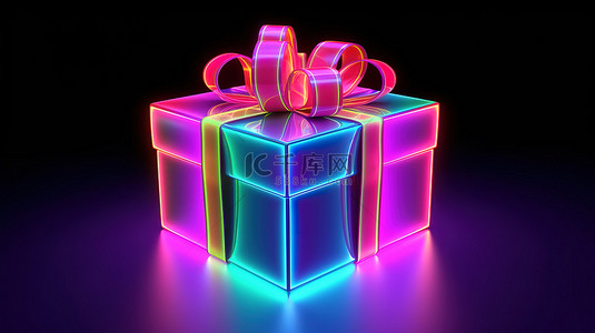 圣诞霓虹灯背景图片_充满活力和大胆的渐变霓虹灯礼品盒的 3D 渲染插图