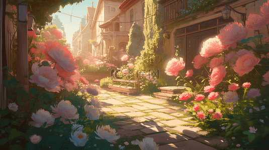 芍药花粉色花朵鲜艳阳光街景建筑背景