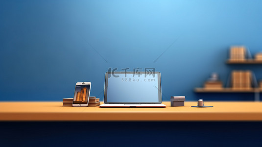 科技平板电脑背景图片_蓝色办公桌展示手机和数字平板电脑 3D 插图水平横幅