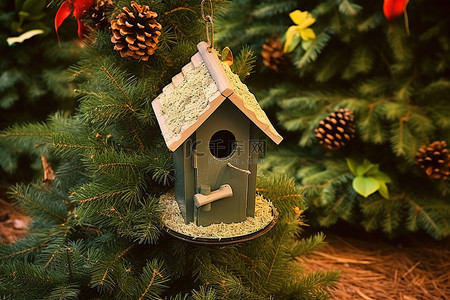 圣诞节背景图片_有一个小鸟屋和一堆圣诞树和松果