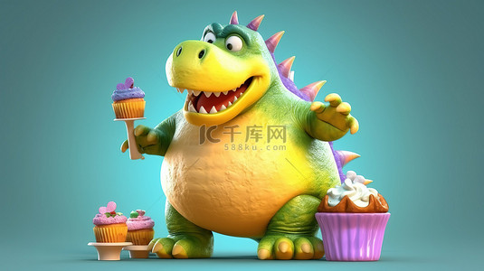 牙齿卡通人物背景图片_滑稽的 3D 肥胖恐龙卡通人物和美味的纸杯蛋糕