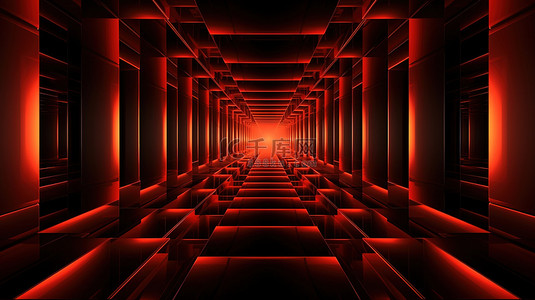 红色对称形状形成黑色背景上的几何隧道抽象 3D 插图