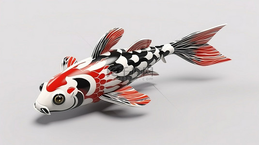 3D 渲染锦鲤鱼的令人惊叹的侧视图，具有充满活力的黑白和红色图案