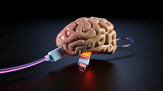 USB 电缆插入大脑白色背景 3D 渲染