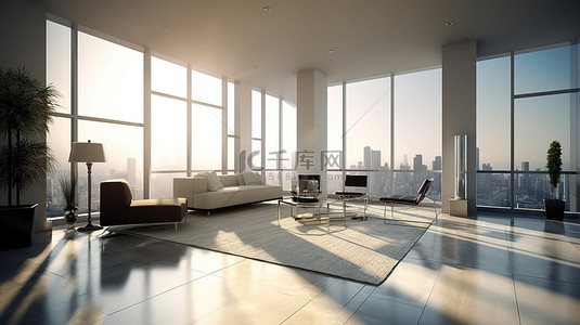 现代 3D 公寓内部配有现代风格的宽敞窗户