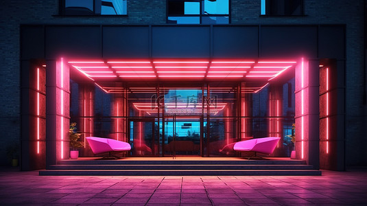 霓虹灯城市背景图片_建筑物外部阁楼设计的 3D 渲染，带有充满活力的霓虹灯和石凳
