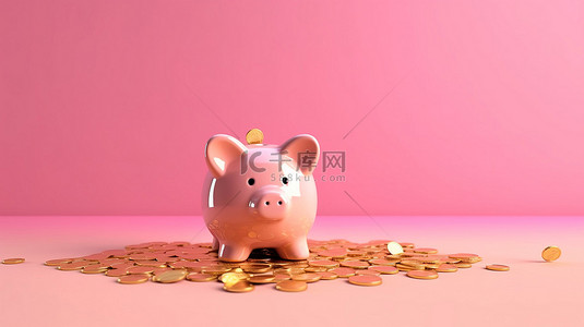 为雨天储蓄粉红色的墙壁装饰着存钱罐和金币 3D 渲染