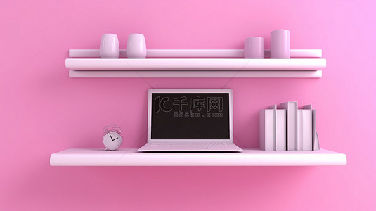 失真背景背景图片_放置在粉红色架子背景上的笔记本电脑的垂直 3D 插图