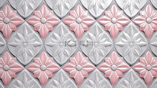 灰色陶瓷马赛克瓷砖的无缝 3D 纹理，配有优雅的珍珠粉色装饰