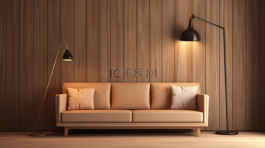 带沙发和灯室内设计的木制房间 3D 渲染