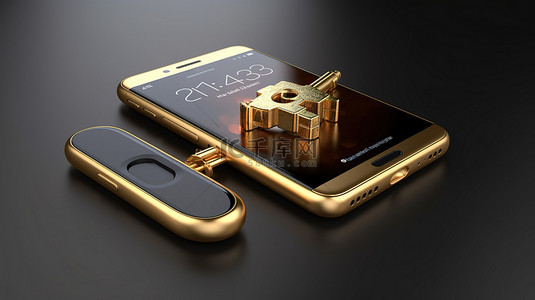 金性字背景图片_以金锁为特色的智能手机安全技术的 3D 渲染