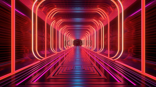 光芒四射的 4k UHD 3D 艺术作品展示了装饰着条纹和霓虹灯的几何隧道
